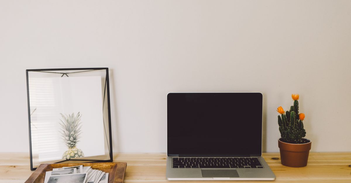 A stylish home office setup featuring a laptop, cactus, and framed pineapple print.